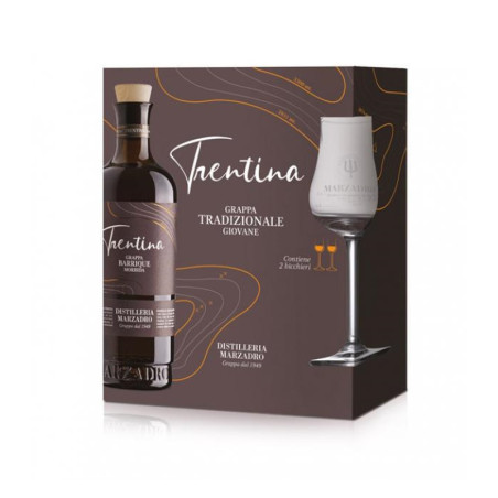 GRAPPA LA TRENTINA BARRICATA CL. 50  CONFEZIONE 2 BICCHIERI MARZADRO